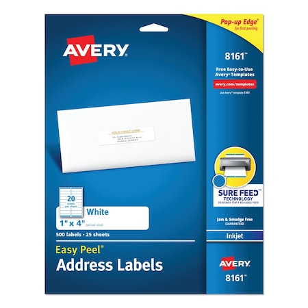 Avery Easy Peel White Address Labels, Inkjet Printers, 1 x 4, White, PK500 08161